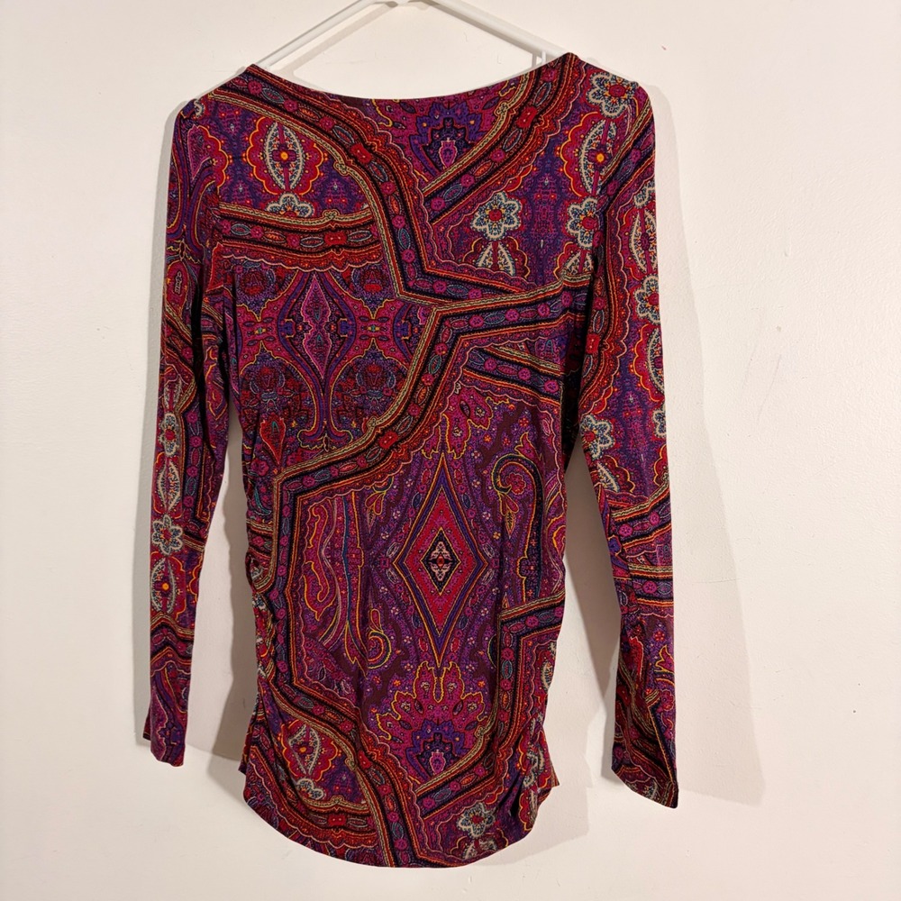 Lauren Ralph Lauren Paisley Top Womens M Purple Red Ruched Long Sleeve - Picture 4 of 6